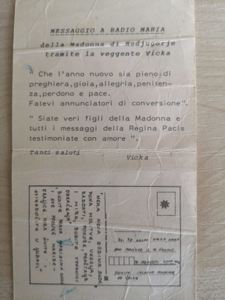 Messaggio della Regina della Pace a un gruppo di Pellegrini Volontari di Radio Maria 1987
