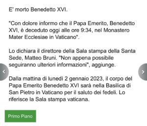 è morto il Papa emerito Benedetto XVI