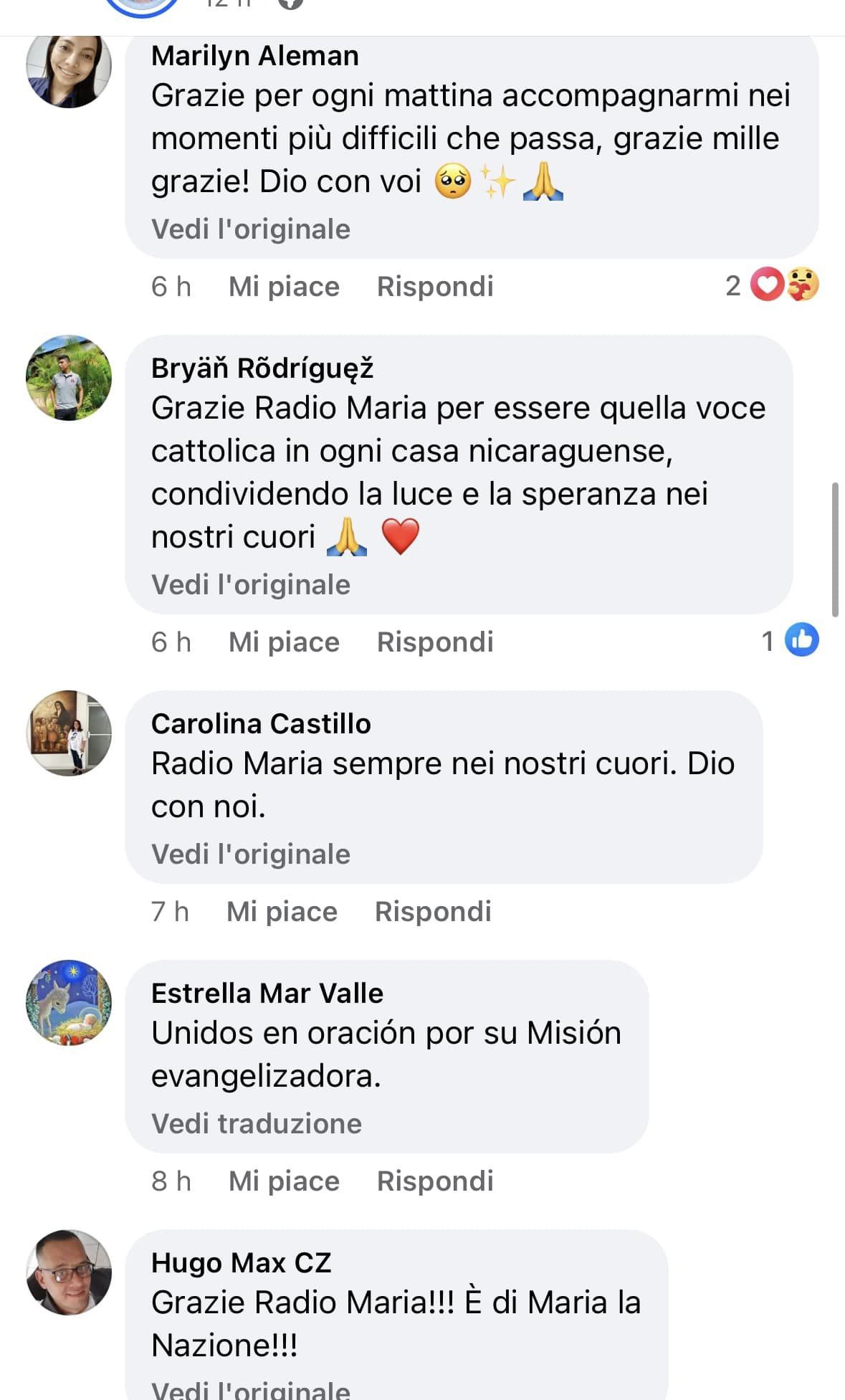 spenta Radio Maria Nicaragua commenti pagina facebook