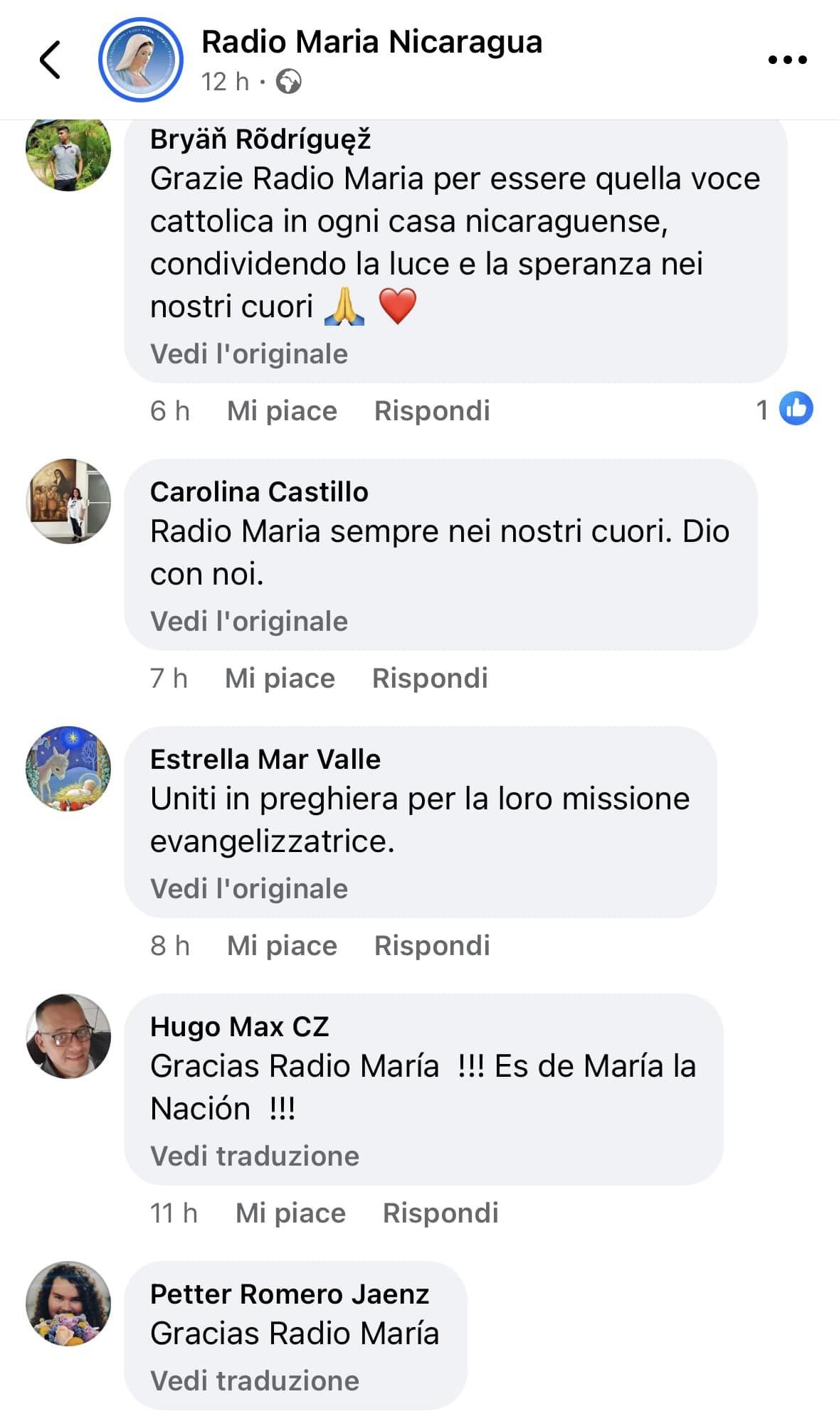 spenta Radio Maria Nicaragua commenti pagina facebook