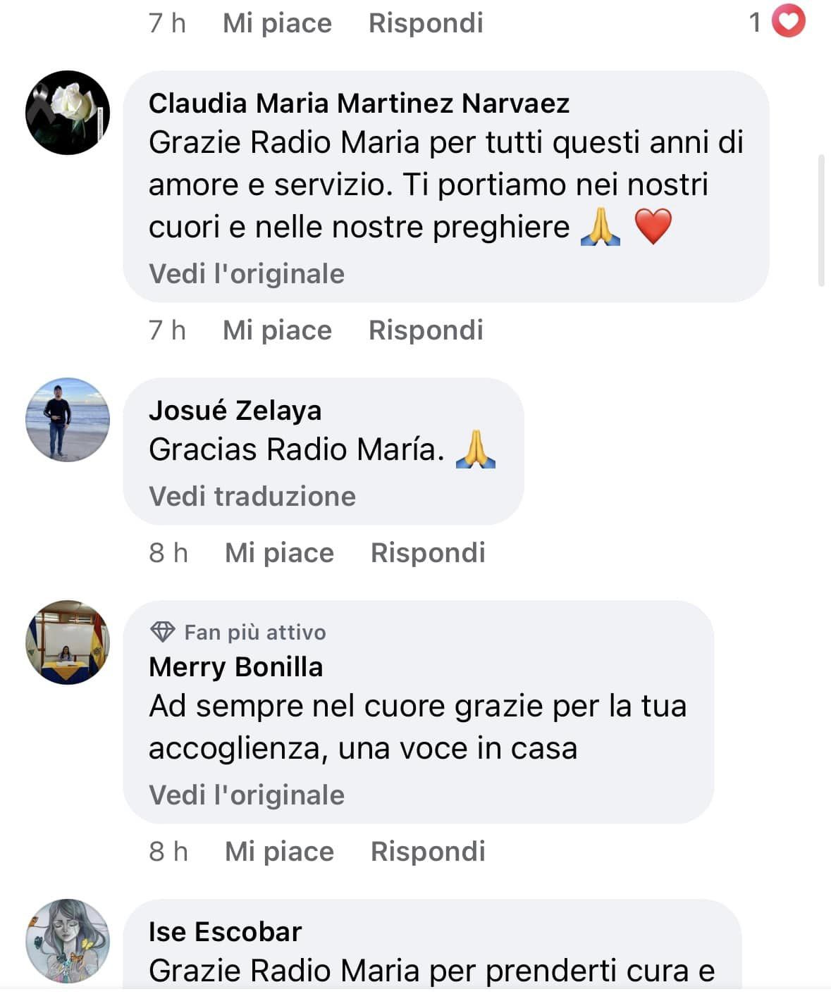 spenta Radio Maria Nicaragua commenti pagina facebook